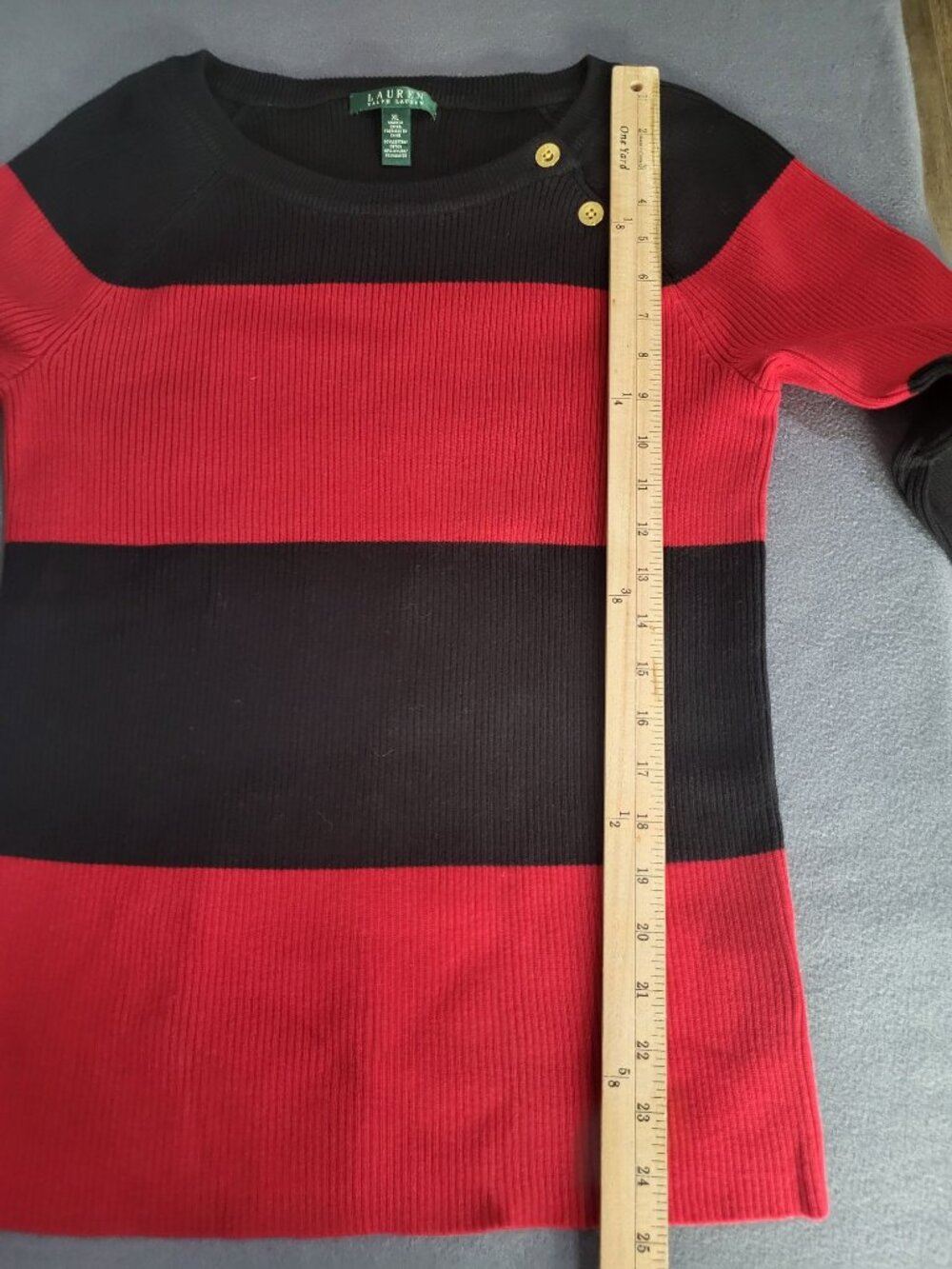 Lauren Ralph Lauren Womens XL Colorblock Black Red Sweater Gold Buttons Ribbed - Picture 4 of 7